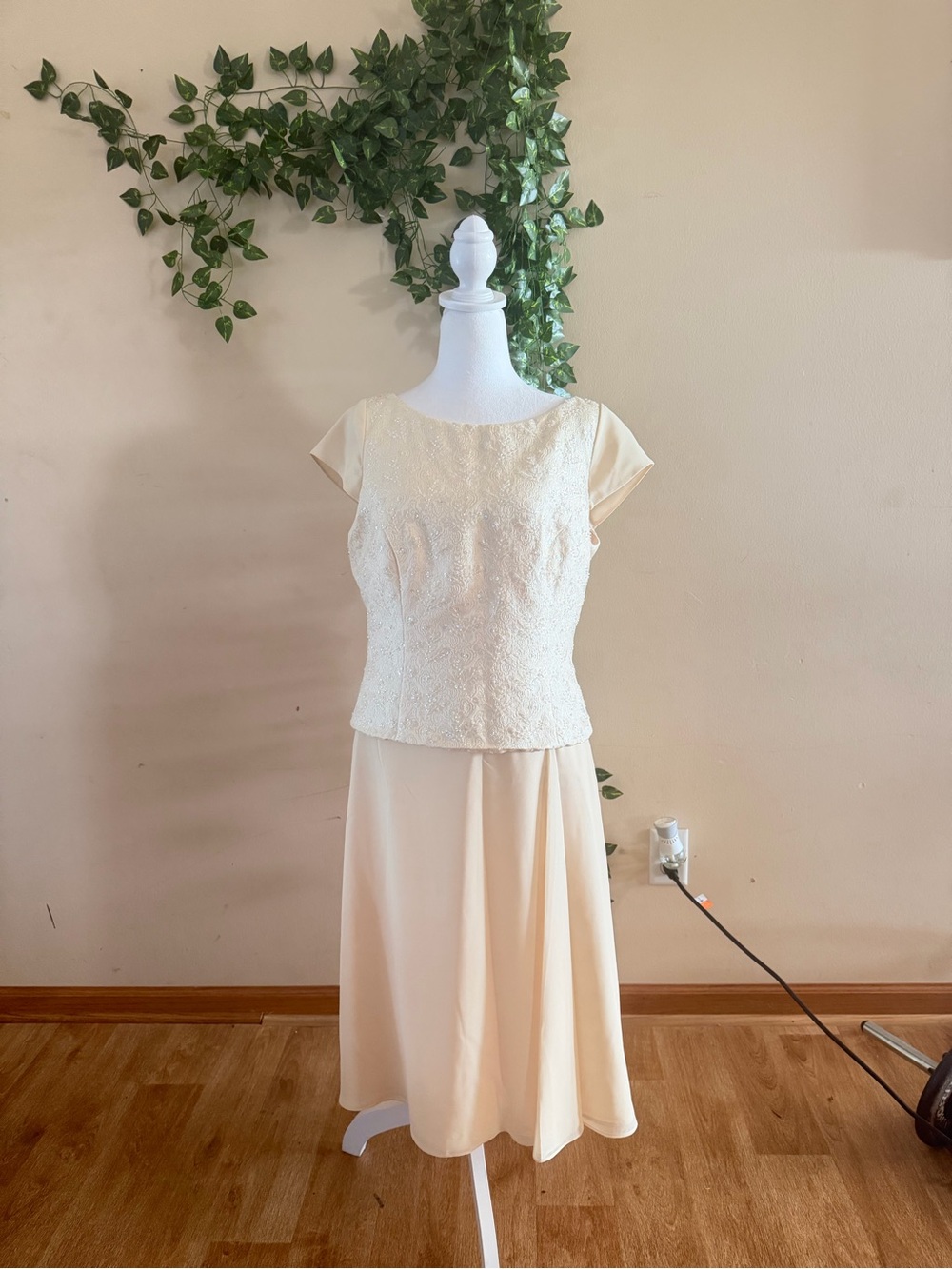 David's Bridal Cream Lace Bodice Midi Dress